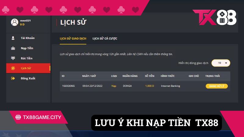 Lưu ý khi nạp tiền TX88